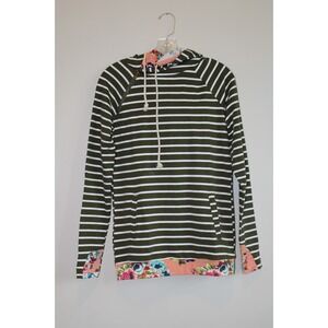 Ampersand Avenue Doublehooded Sweatshirt Striped Floral Olive Green XS NWT